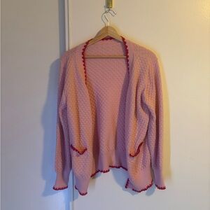 Women's Pink Open-Front Knit Sweater with Red Trim